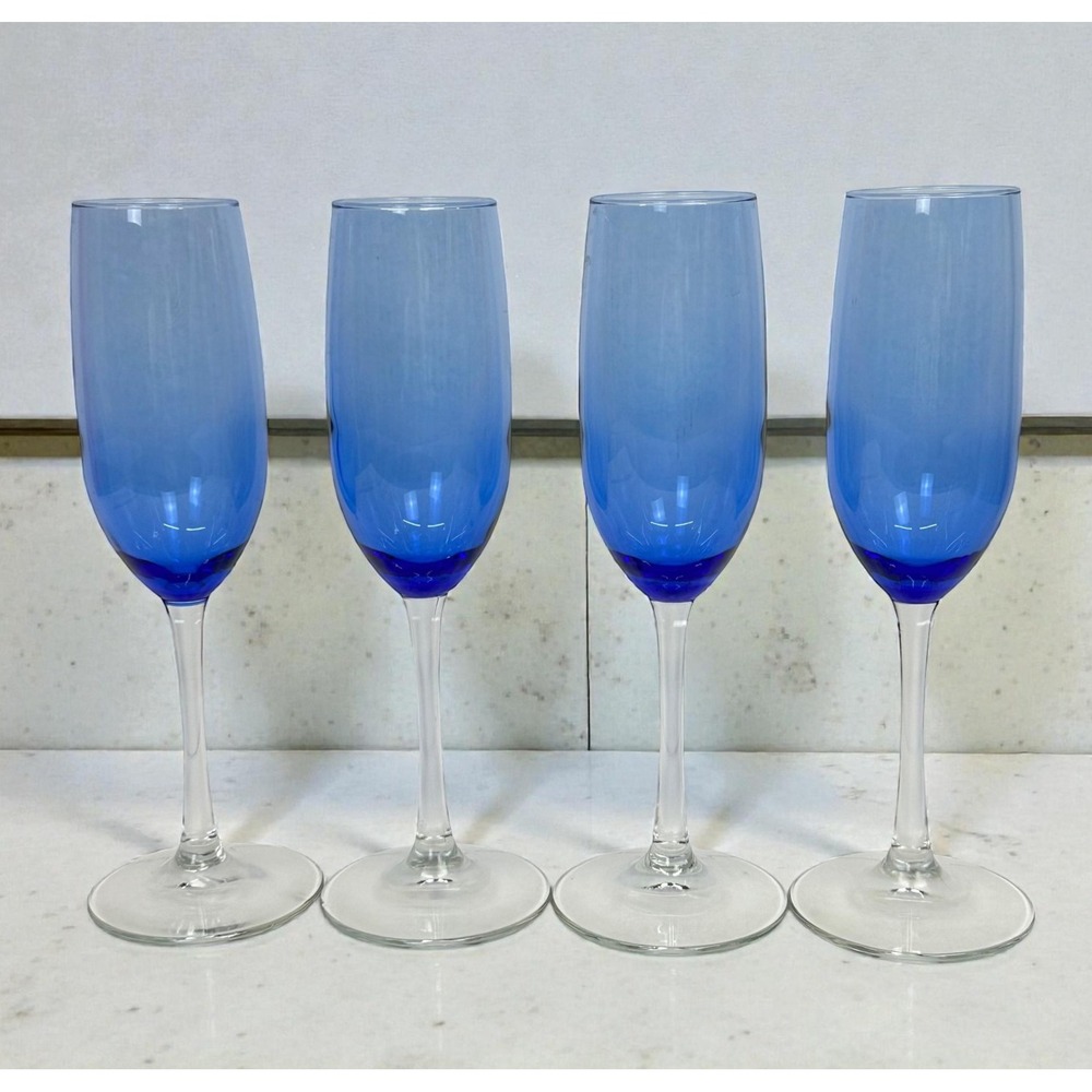 Libbey Vina Blue Champagne Flutes SET OF 4 Stemmed Wine Toasting Glasses VTG 80s